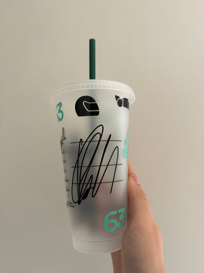 George Russell pose inspired Starbucks tumbler