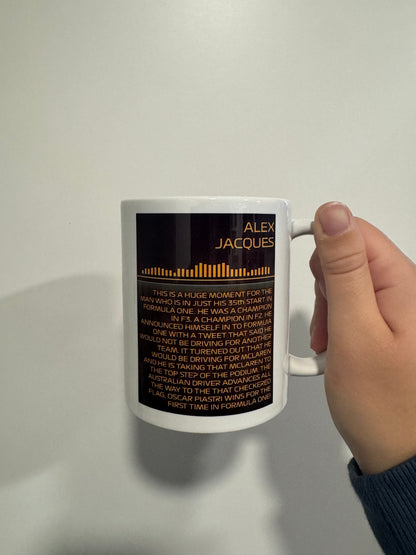 Oscar Piastri first win quote themed mug