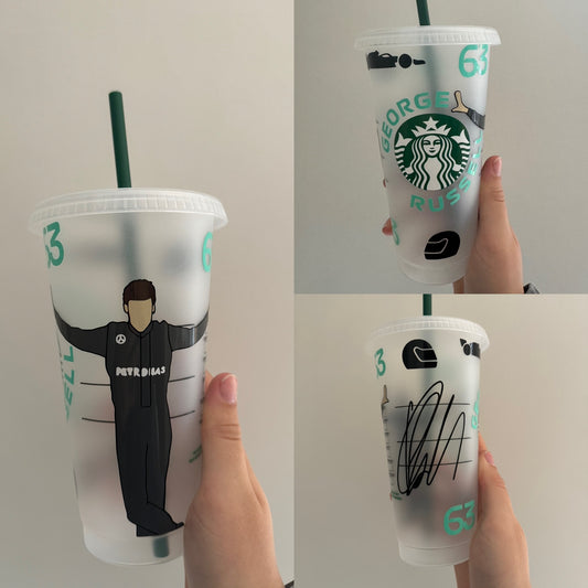 George Russell pose inspired Starbucks tumbler