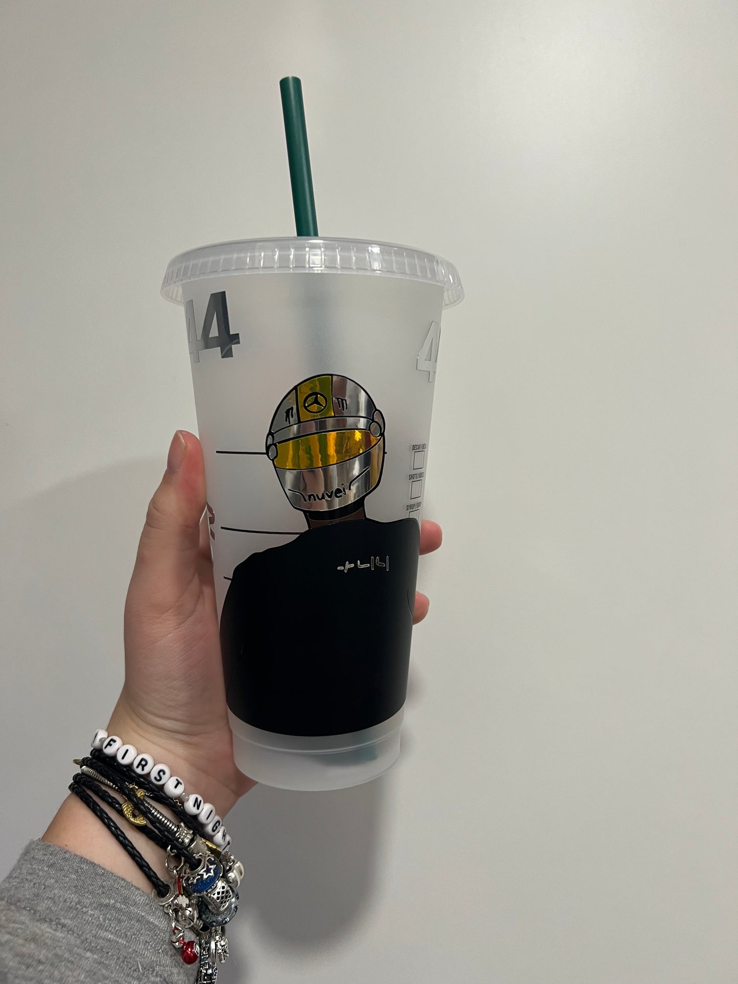 Lewis Hamilton +44 inspired Starbucks tumbler.