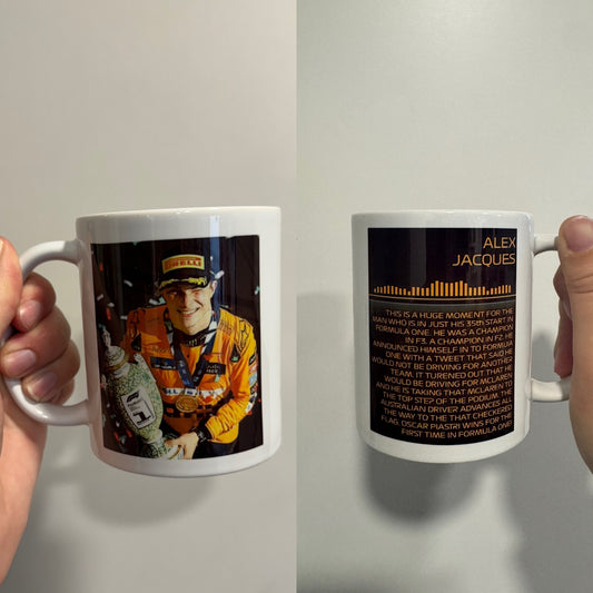 Oscar Piastri first win quote themed mug