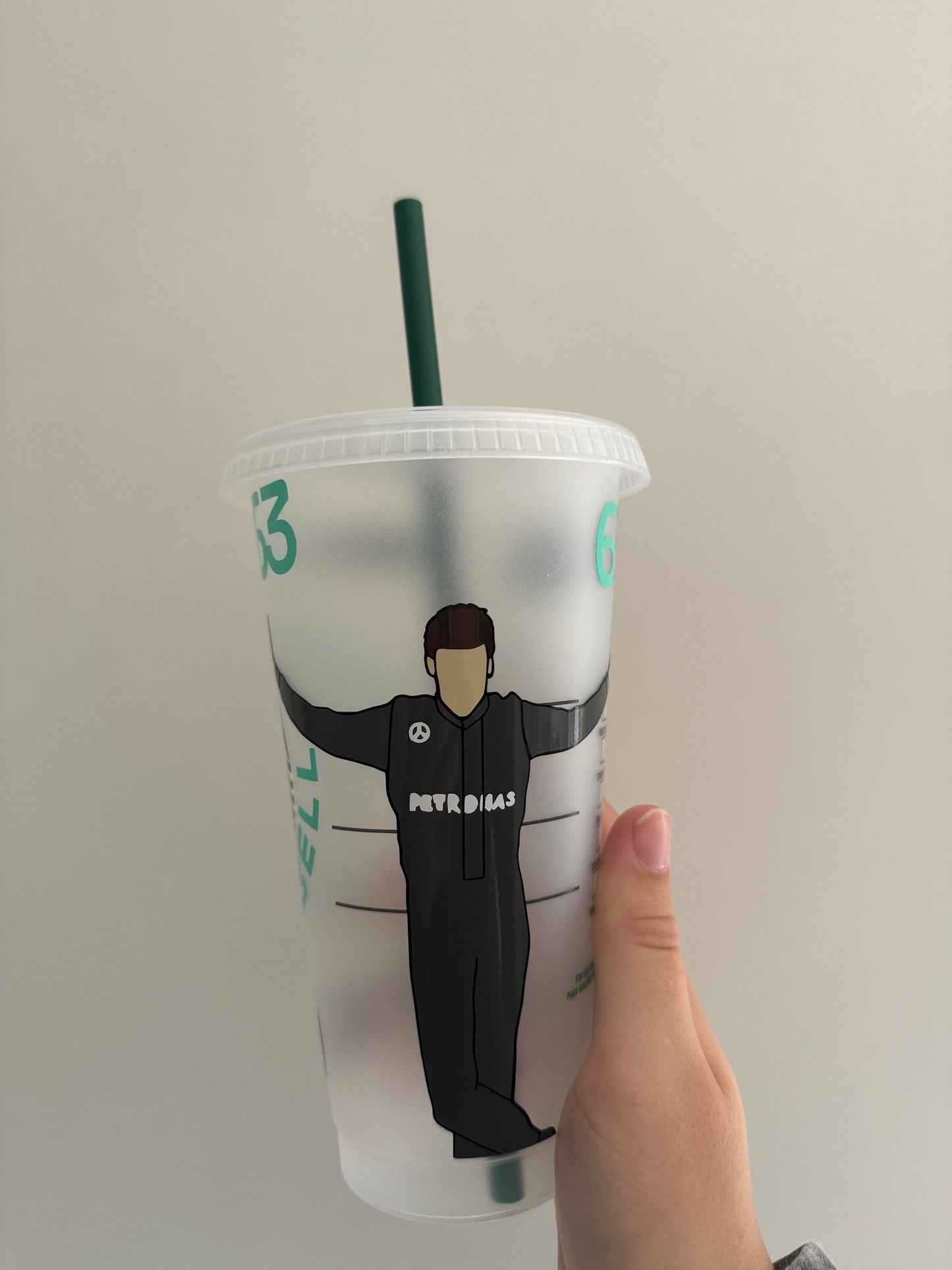 George Russell pose inspired Starbucks tumbler