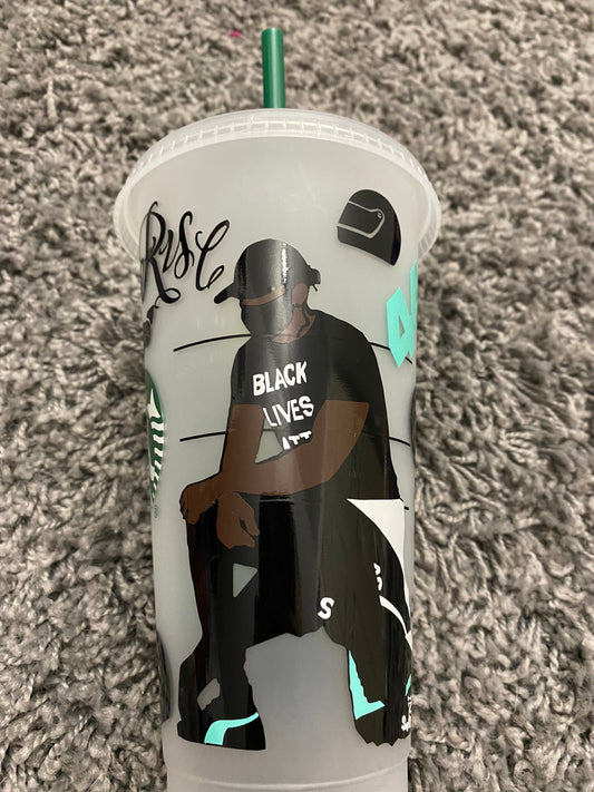 Lewis Hamilton inspired Starbucks tumbler.